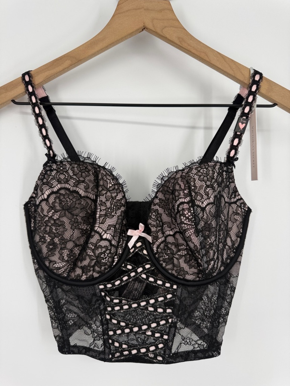 Victoria’s Secret Black Lace Longline Bustier with Pink Accents